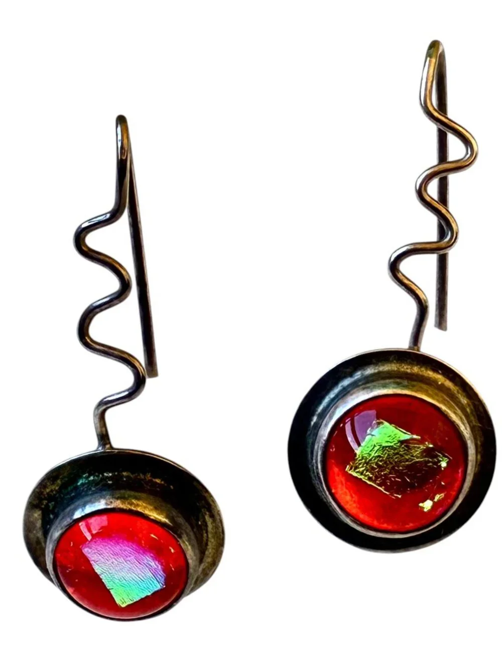Barbara Sucherman Dichroic Glass Sterling Silver Modernist Drop Pierced Vintage